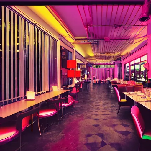 Image similar to wide angle photo of 60‘s retro fancy restaurant interior, neon-decorated urban on night in the city seen through the window,modern interior design, architectural design, vintage, night blade runner, dark, postapocalyptic, clean lines, 4k, octane, colorful ,lunarcore city seen at distance outside, big windows,octane, wide angle