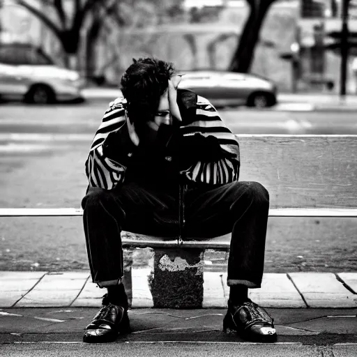 Image similar to black and white fashion photograph, highly detailed portrait of a depressed white drug dealer sitting on a bench on a busy street, looking into camera, natural light, rain, mist, lomo, fashion photography, film grain, soft vignette, sigma 85mm f/1.4 1/10 sec shutter