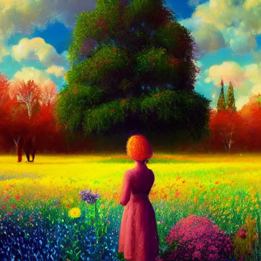 Image similar to girl made from surreal flowers, standing in flower field, big trees, sunrise dramatic light, impressionist painting, colorful clouds, digital painting, pointillism, artstation, simon stalenhag