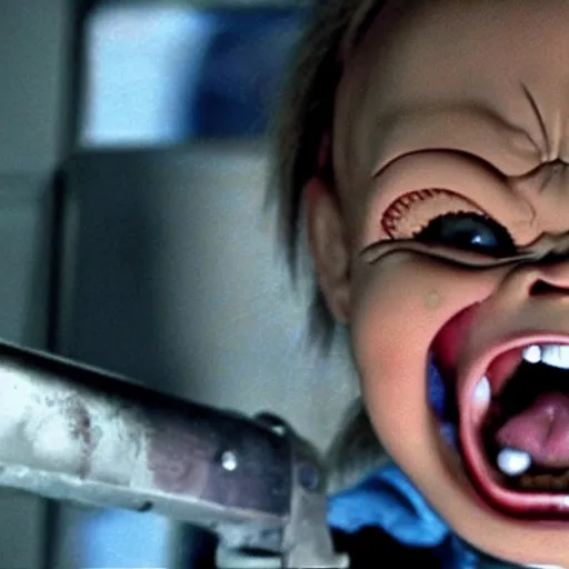 Image similar to chucky doll screaming in too gun movie