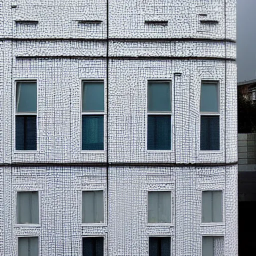 Image similar to flooded building entirely made of white tiles, liminal space, surreal, minimalist architecture,