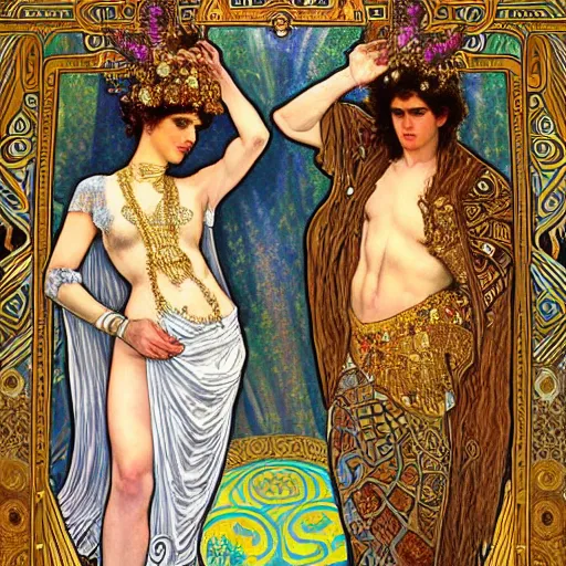 Image similar to realistic detailed dramatic symmetrical portrait of David and Dalida as Salome dancing, wearing an elaborate jeweled gown, by Alphonse Mucha and Gustav Klimt, gilded details, intricate spirals, coiled realistic serpents, Neo-Gothic, gothic, Art Nouveau, ornate medieval religious icon, long dark flowing hair spreading around her