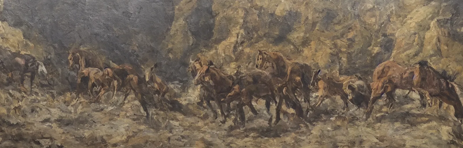 Image similar to lots of horses running through the canyon, they might be crawling, original oil on canvas painting by sydney mount