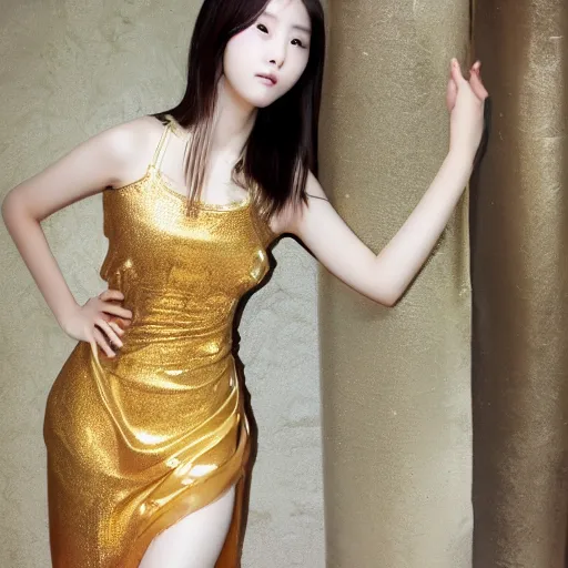 Prompt: young korean attractive woman in golden see through dress with golden ornaments on arms and body from the orient : photograph realistic