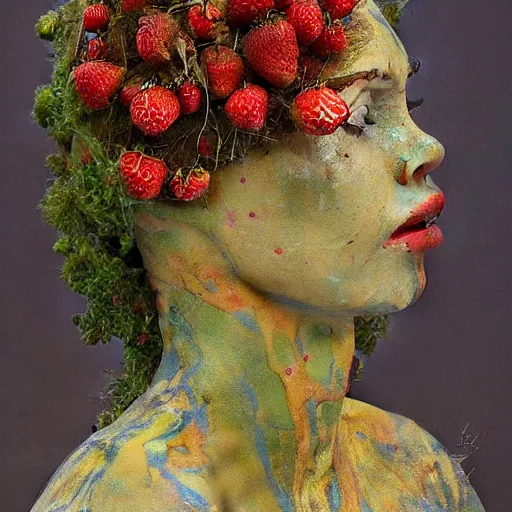 Prompt: a sculpture portrait made of moss and strawberries and mud and plants, painting part by wojciech siudmak, part by ilya repin, part by max ernst, part by norman rockwell, artstation