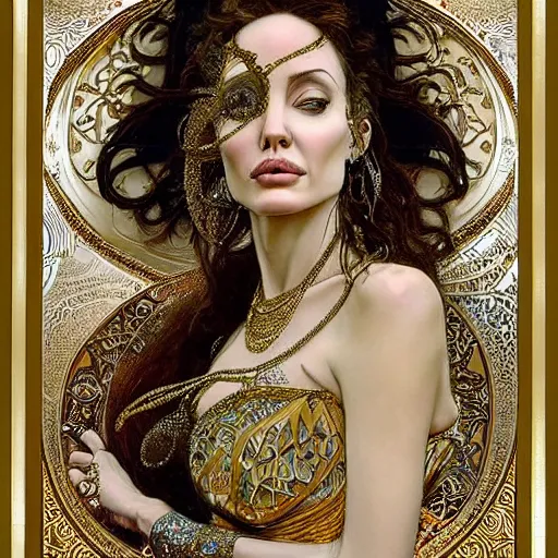 Image similar to realistic detailed dramatic symmetrical portrait of Angelina Jolie as Salome dancing, wearing an elaborate jeweled gown, by Alphonse Mucha and Gustav Klimt, gilded details, intricate spirals, coiled realistic serpents, Neo-Gothic, gothic, Art Nouveau, ornate medieval religious icon, long dark flowing hair spreading around her