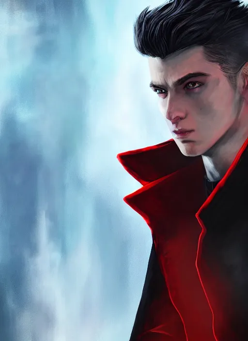 Image similar to An epic fantasy comic book style portrait painting of a young man with black cowlick haircut, wearing black overcoat, red clothes, blue jeans. Unreal 5, DAZ, hyperrealistic, octane render, cosplay, RPG portrait, dynamic lighting