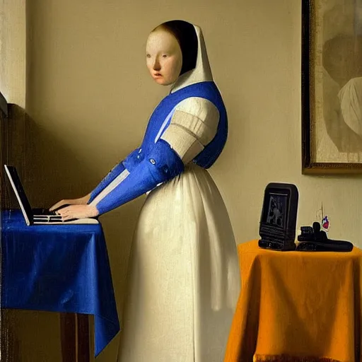 Image similar to painting of a royal female cosmonaut using a computer by Vermeer, Dutch Golden Age