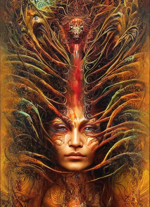 Image similar to ayahuasca ritual with shamans, painted face, third eye, energetic consciousness psychedelic, dmt, epic surrealism expressionism symbolism, perfect, by karol bak, louise dalh - wolfe, pablo amaringo, masterpiece