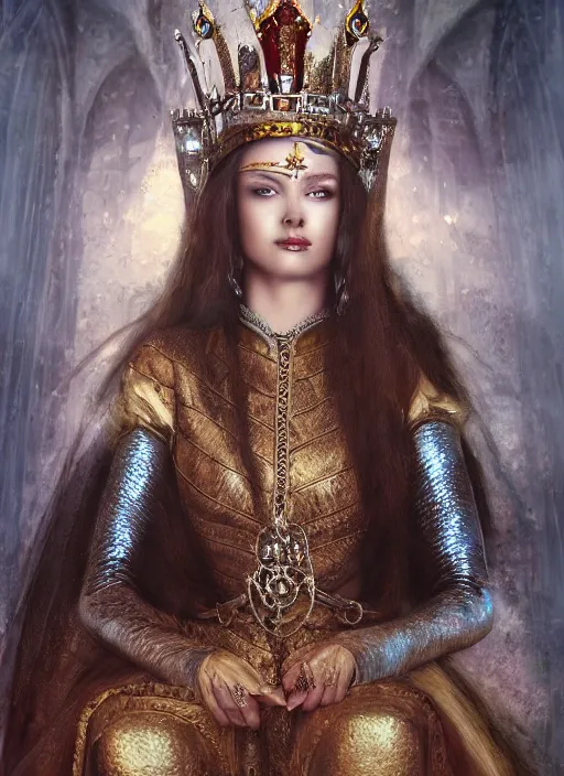 Prompt: realistic master painting of beautiful shot of Royal medieval fantasy Queen sitting on throne