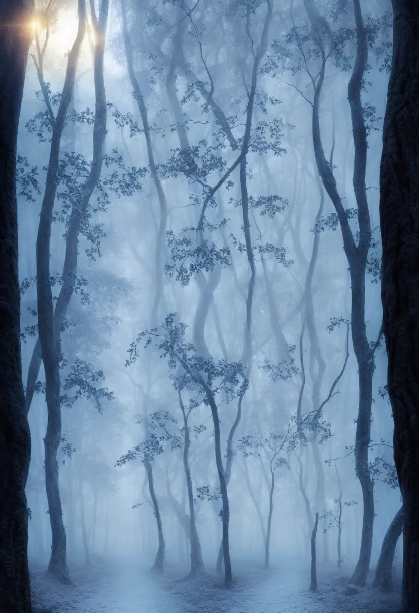 Prompt: backlit path in the middle of a frozen winter morning forest, treelined, fog, matte painting, mystical, ultra high definition, ultra detailed, matte painting, by greg rutkowski and ross tran and wlop