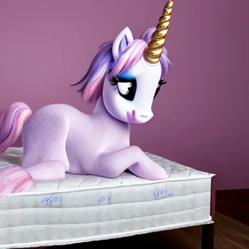 Image similar to Unicorn Rarity sitting on her mattress looking at the camera