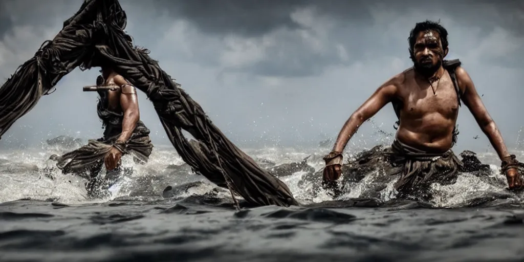 Image similar to sri lankan mad max style, ocean, driving a boat, film still, epic shot cinematography, rule of thirds