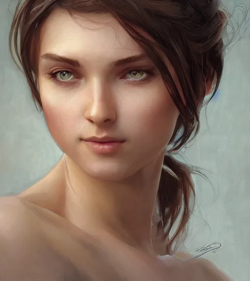 Image similar to portrait of a young woman, soft features, gentle smile, muscular, half body, cloth, brown hair, d & d, fantasy, intricate, highly detailed, digital painting, artstation, concept art, smooth, sharp focus, illustration, art by artgerm and greg rutkowski and alphonse mucha