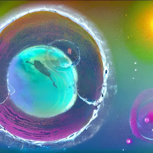 Image similar to ice rings around a beautiful planet melting into rings of rivers with otter aliens swimming through them along with lots of little colorful fish