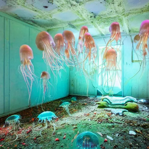 Prompt: abandoned cottage interior filled with iridescent jellyfish swarming lush coral