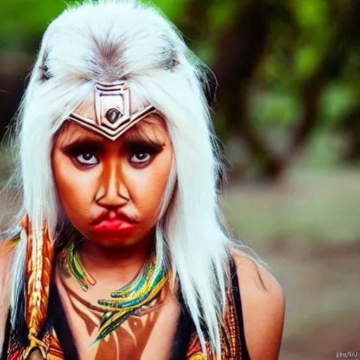 Image similar to hot tribal warrior cute girl big eyes pouty lips tanned skin white hair