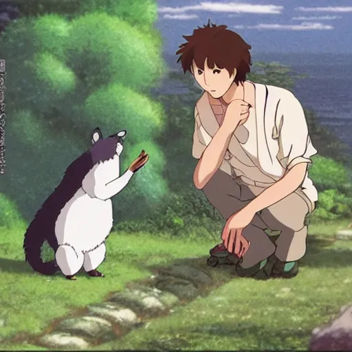 Prompt: guy and friendly creature looking at each other, made by Studio Ghibli detailed art, beautiful scene, , sharp focus, smooth,