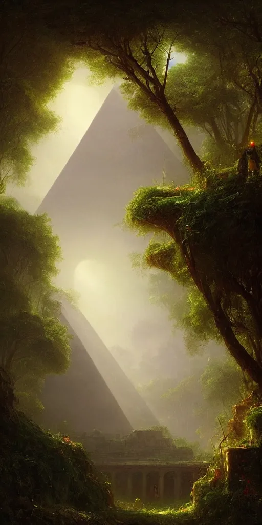 Image similar to ancient pyramid, overgrown undergrowth vegitation, dark volumentric ambient lighting, painting by thomas cole and greg rutkowski