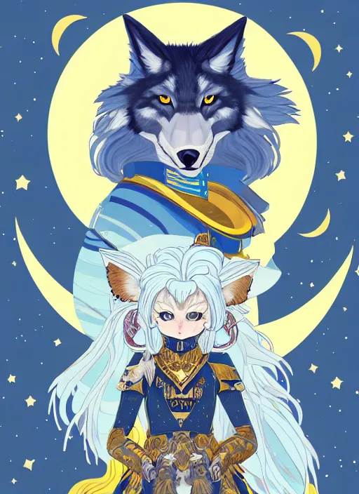 Image similar to commissioned full body portrait of a female anthro wolf princess fursona with a furry wolf head and white hair wearing a blue and gold Japanese armored dress in a white and gold palace on a starry night with a large crescent moon, by a professional manga illustrator, by Kilian Eng, by Sandra Chevrier, trending on artstation