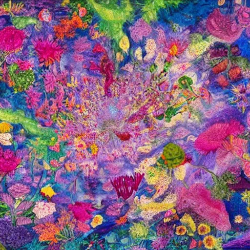 Image similar to This illustration is a large canvas, covered in a wash of color. In the center is a cluster of flowers, their petals curling and twisting in on themselves. The effect is ethereal and dreamlike, and the overall effect is one of serenity and peace. by Pipilotti Rist, by Tom Hammick, by Heather Theurer blocks