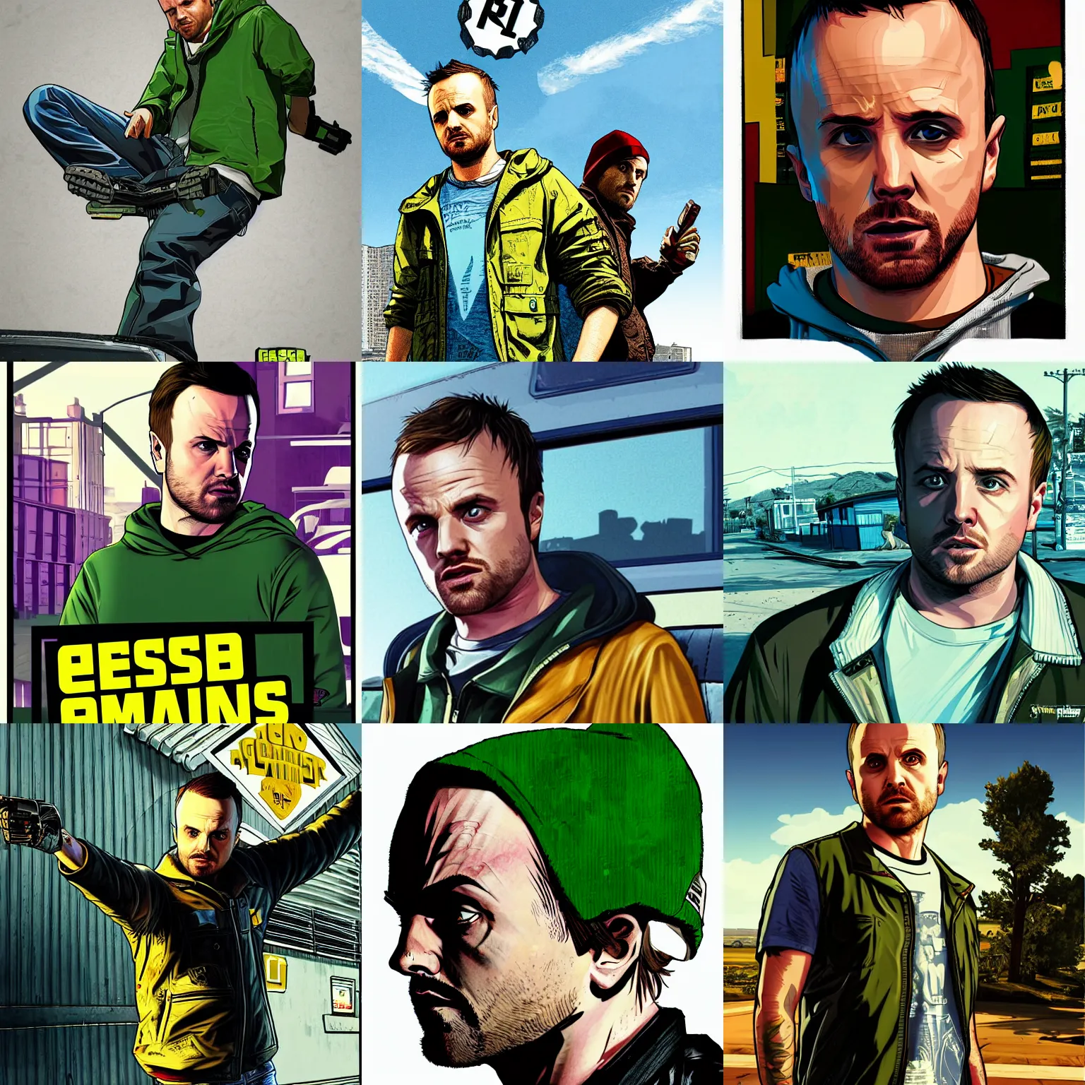 Prompt: jesse pinkman in gta v promotional art by stephen bliss, no text, very detailed, high quality, dramatic lighting, great likeness