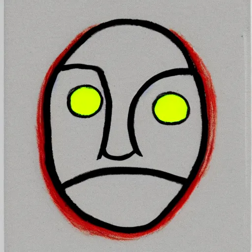 Image similar to primitive drawing of smiling circle face with thumb up hand and red eyes.