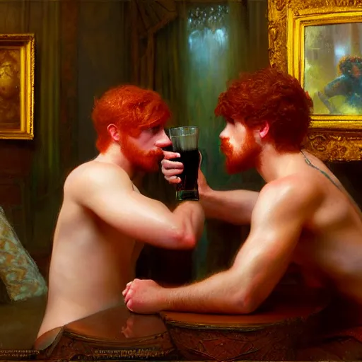 Image similar to attractive male mike with ginger hair with attractive male tyler with brunet hair, drinking their hearts out, in their noble mansion. highly defined painting, highly detailed painting by gaston bussiere, craig mullins 8 k