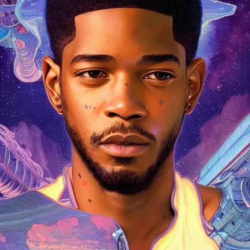 Image similar to scifi character portrait of Kid Cudi, utopian mood, intricate, wild, highly detailed, digital painting, artstation, concept art, smooth, sharp focus, illustration, art by artgerm and greg rutkowski and alphonse mucha