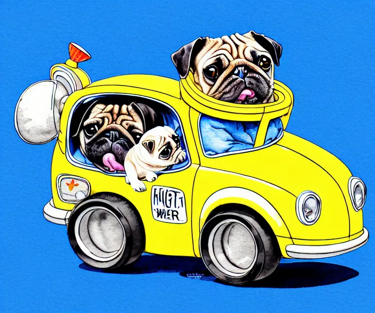 Prompt: cute and funny, pug wearing a helmet riding in a tiny hot rod with oversized engine, ratfink style by ed roth, centered award winning watercolor pen illustration, isometric illustration by chihiro iwasaki, edited by range murata, tiny details by artgerm and watercolor girl, symmetrically isometrically centered