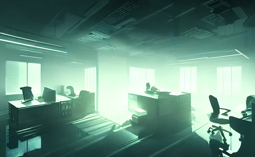 Prompt: office, horror scene, fluorescent lighting, beautiful volumetric-lighting-style atmosphere, futuristic atmosphere, intricate, detailed, photorealistic imagery, artstation