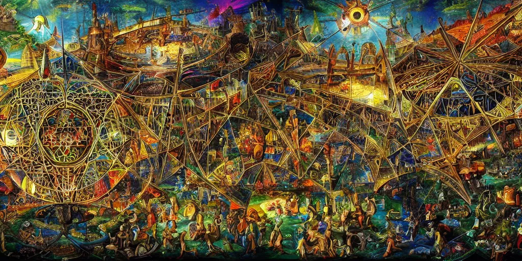 Image similar to prismatic light prism megastructure in the style of heironymus bosch, intricate masterpiece, hyper detailed, hd