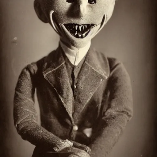 Image similar to a ventriloquist figure, ventriloquist dummy head, smiling, photograph, style of atget, nightmare, concept art, creepy
