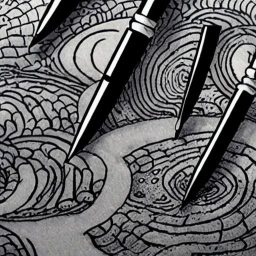 Prompt: a photo of an ink pen that is also knife by junji ito