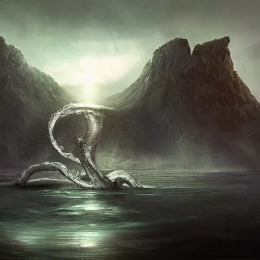 Prompt: slime monster in the lake, matte painting, detailed, elden ring, oil on canvas, by WLOP
