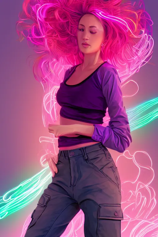 Image similar to a award winning half body portrait of a beautiful woman in a croptop and cargo pants with ombre purple pink teal hairstyle and hands in pockets by ari liloan, surrounded by whirling illuminated lines, outrun, vaporware, shaded flat illustration, digital art, trending on artstation, highly detailed, fine detail, intricate