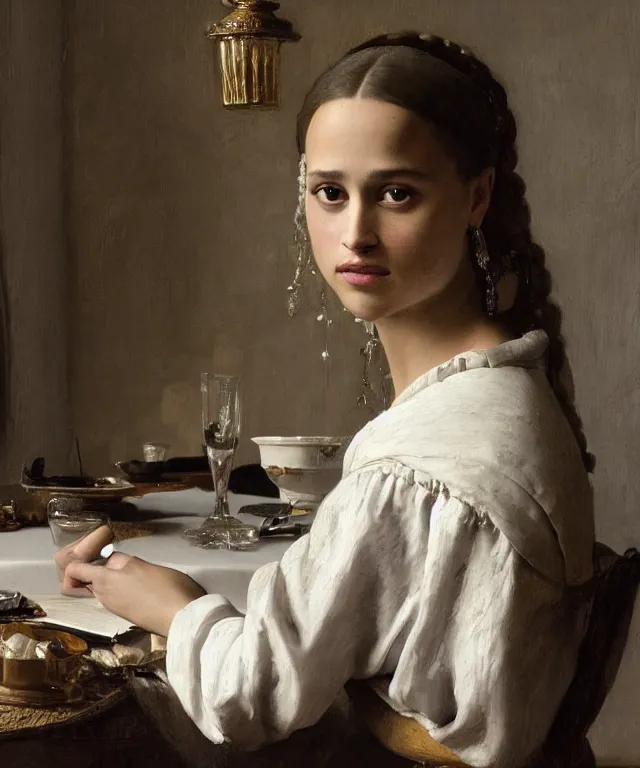 Prompt: a highly detailed, beautifully lit portrait of a pretty, young alicia vikander sitting at a table by an open window, oil painting portrait by vermeer and bouguereau and waterhouse