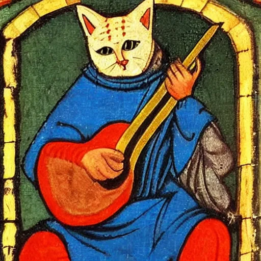 Image similar to medieval portrait of a cat playing guitar, colorful