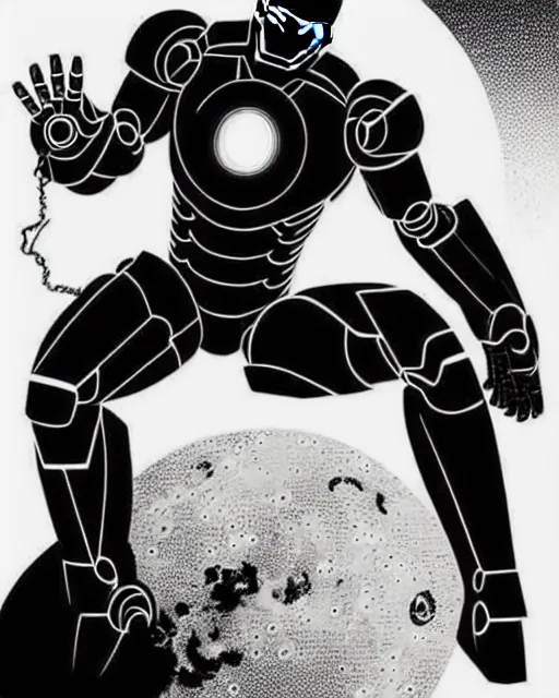 Image similar to black and white sad iron man with wires on hands on the destroed moon, iron man eat banana, wires earth background, by tsutomu nihei