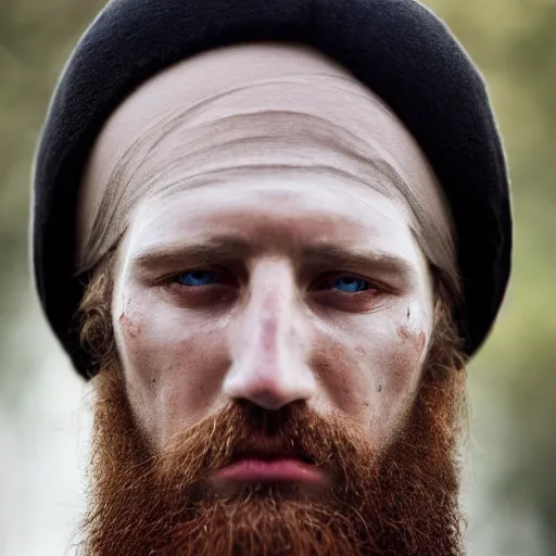 Image similar to minimalist photography portrait of a germanic pagan man, sad, tear, early middle ages, super close up, mid thirties, cute round slanted eyes, caucasian, wide nostrils, high cheekbones, full cheeks, leica 1 0 0 mm f 0. 8