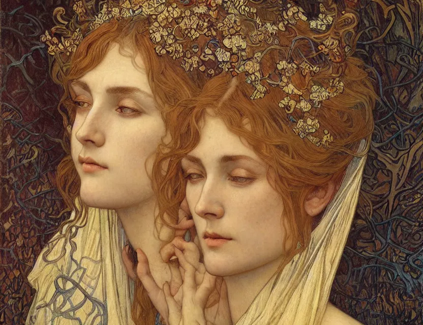 Image similar to detailed realistic beautiful young medieval queen face portrait by jean delville, alphonse mucha, vincent van gogh, and marco mazzoni, art nouveau, symbolist, visionary, gothic, pre - raphaelite