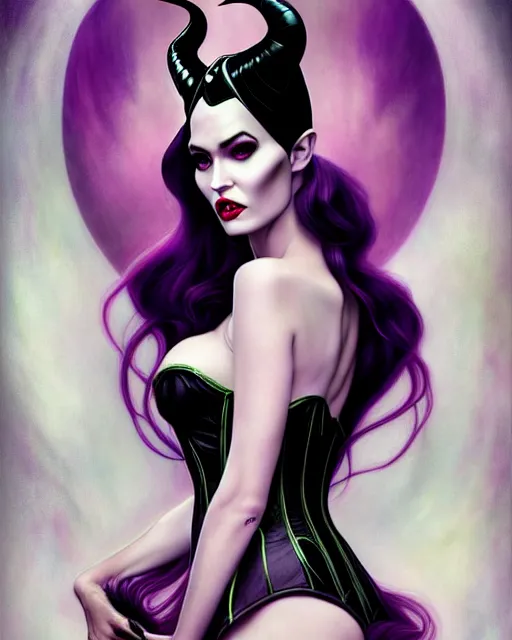 Prompt: new art nouveau portrait of fantasy succubus maleficent megan fox wearing a latex corset, anna dittmann, patrick nagle, charlie bowater and loish. long windblown hair, very large, clear, expressive, and intelligent eyes, ultrasharp focus, dramatic lighting, photorealistic digital matte painting, intricate ultra detailed background.