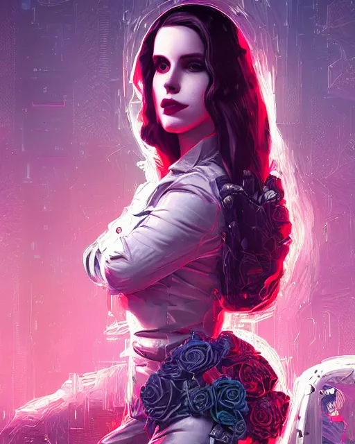 Image similar to portrait of lana del rey as a cyberpunk cyborg. roses sci - fi intricate abstract upper body intricate artwork, roses, rose petals, by tooth wu, wlop, beeple, dan mumford. concept art, octane render, deviantart, greg rutkowski, cinematic arthouse, key art, hyper realism, iridescent accents