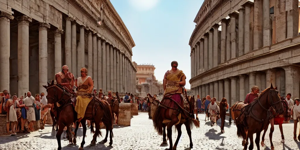 Image similar to low angle wide shot, street scene, ancient rome, mainly roman pedestrians, horses and roman soldiers, volumetric lighting, beautiful, day time, spring, sunny weather, sharp focus, highly detailed, photorealistic, 4 0 0 0 k, f 1. 4, cgsociety