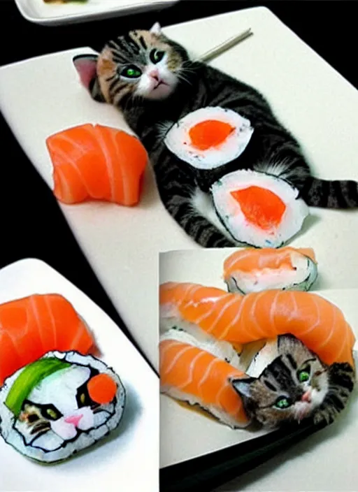 Image similar to clear photorealistic picture of adorable cats made out of sushi