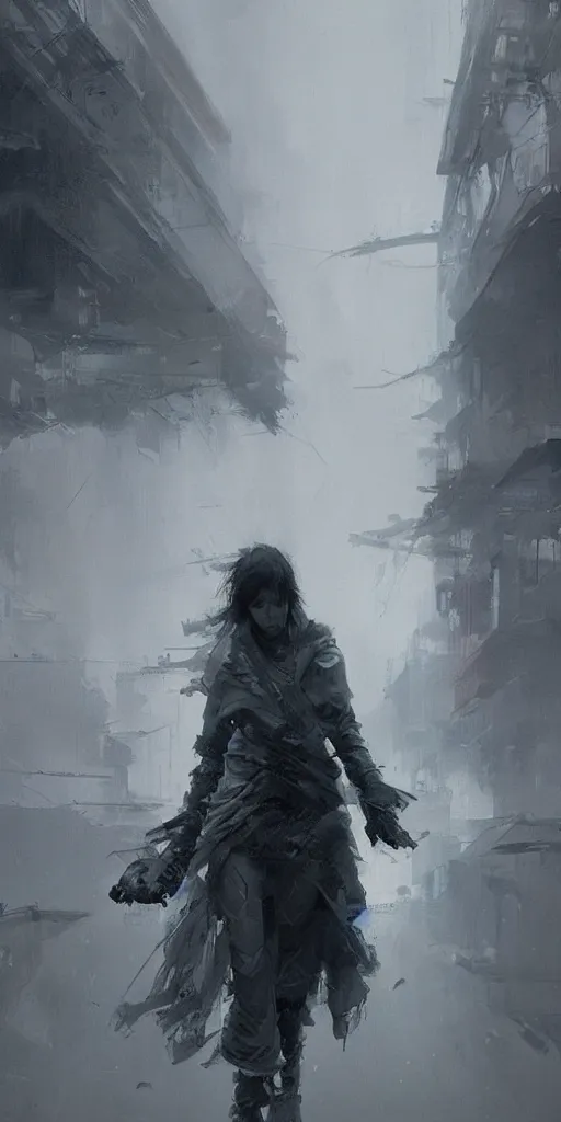 Prompt: grey low contrast scene, soft, sad, misty, by ruan jia and wadim kashin