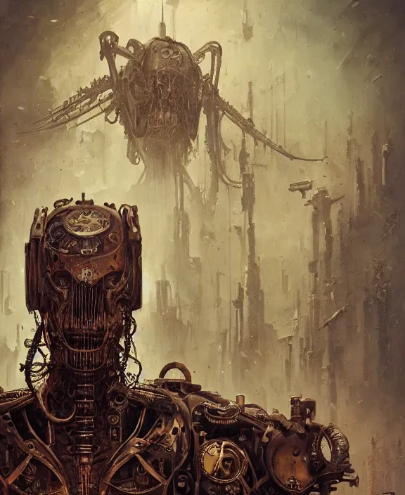 Image similar to portrait of a steampunk doomslayer by hr giger and beksinski and stephan martiniere, trending on artstation, 4 k resolution, detailed, high quality, hq artwork