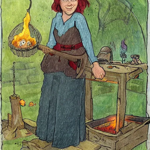 Prompt: the blacksmits’ daughter, working in the forge, a smile at her face, fantasy art in the style of Elsa Beskow,