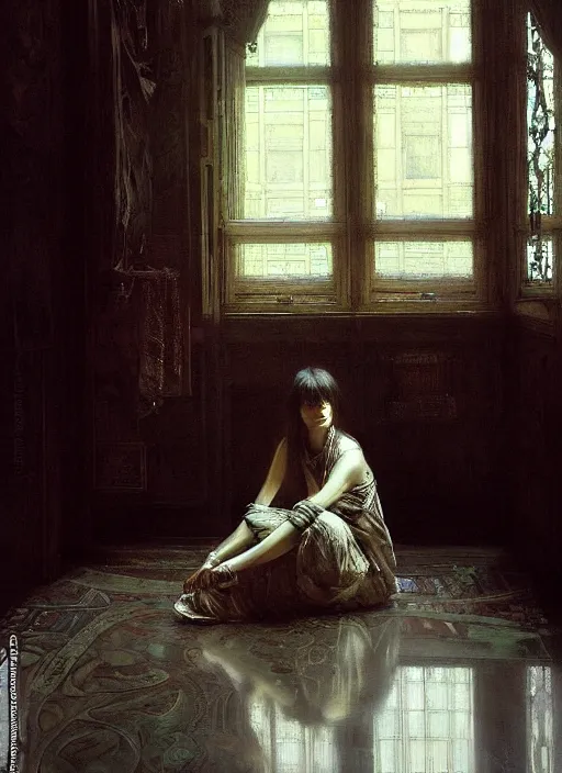 Image similar to a portrait of beautiful woman sitting in the floor, inside a modern apartment, intricate oil painting, hyperdetailed, ominous, ethereal, dramatic lighting, by jeremy mann and ruan jia and lawrence alma - tadema