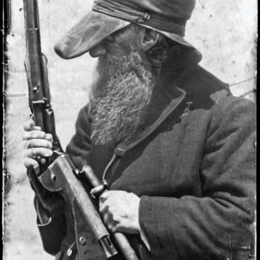 Image similar to old wartime photograph of dumbledore holding a lewis gun, 1 9 1 7